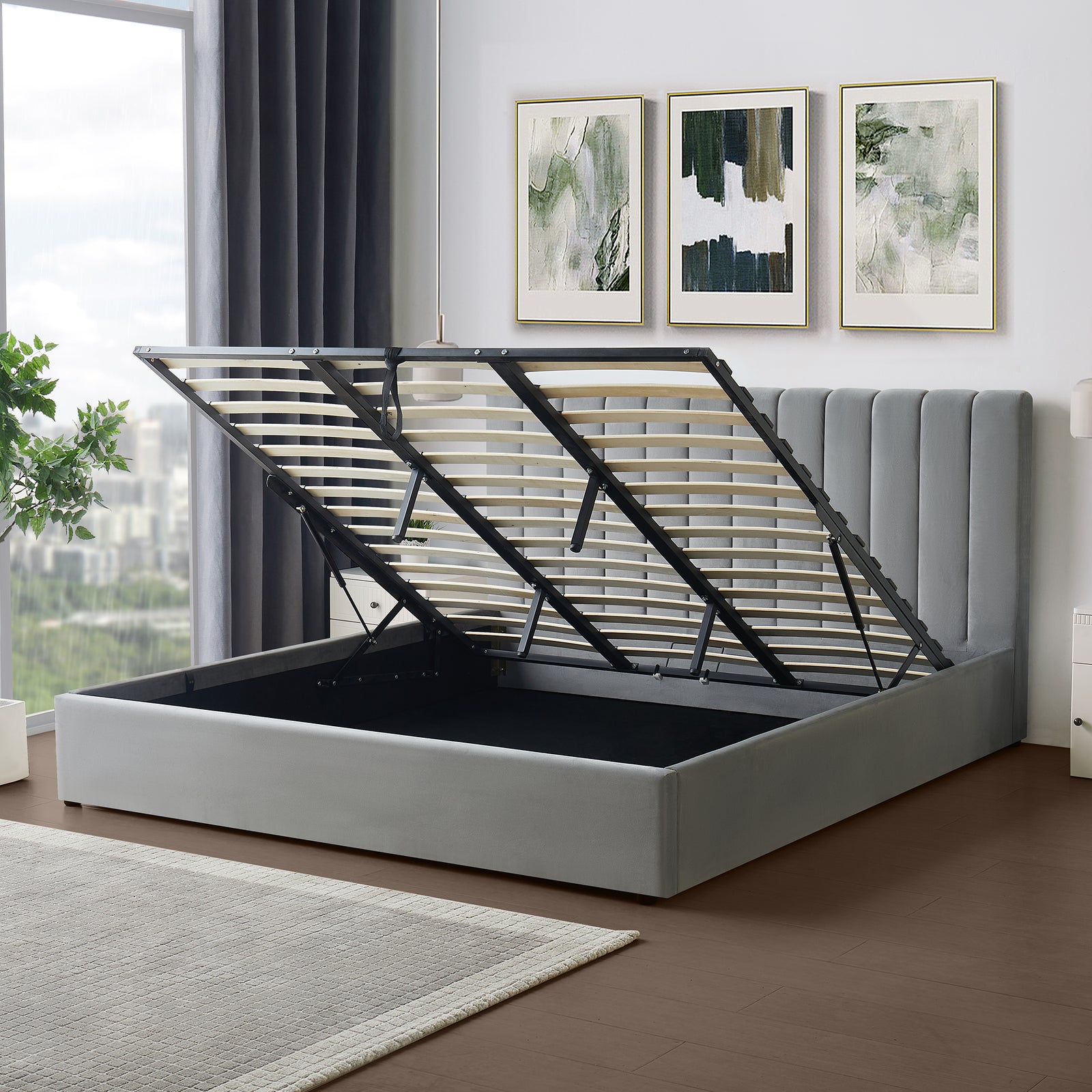 Corwin Grey Velvet Ottoman Storage Bed Frame - 4 Sizes Available | Super King