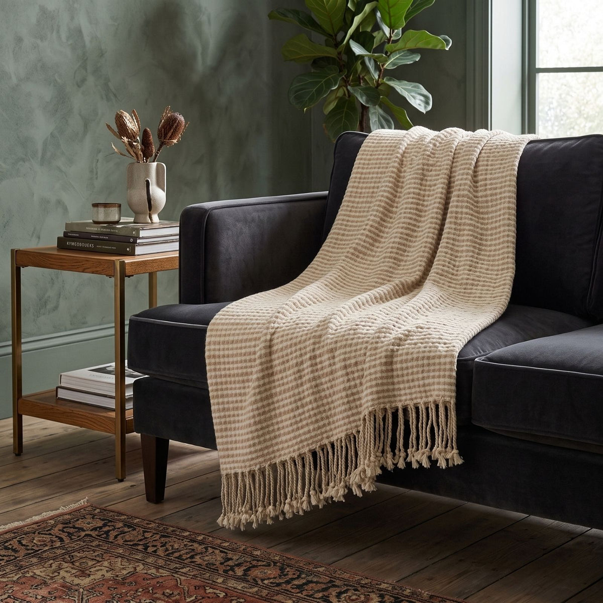 Pure Handmade 100% Wool Textured Stripe Bed & Sofa Throw Blanket, Beige