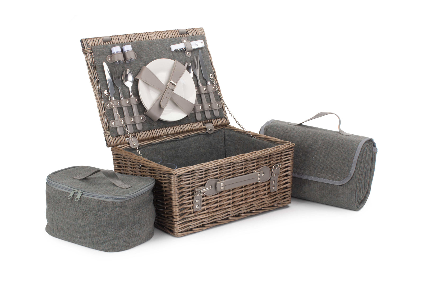 Grey Tweed Fitted Picnic Wicker Basket | 2-Person | Gray