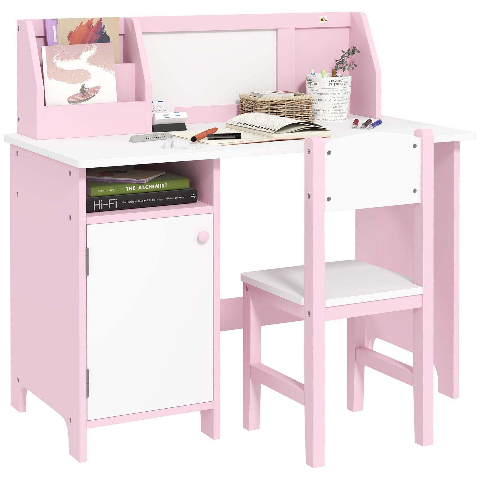 2 Pcs Childrens Table And Chair Set W/board Storage | Pink