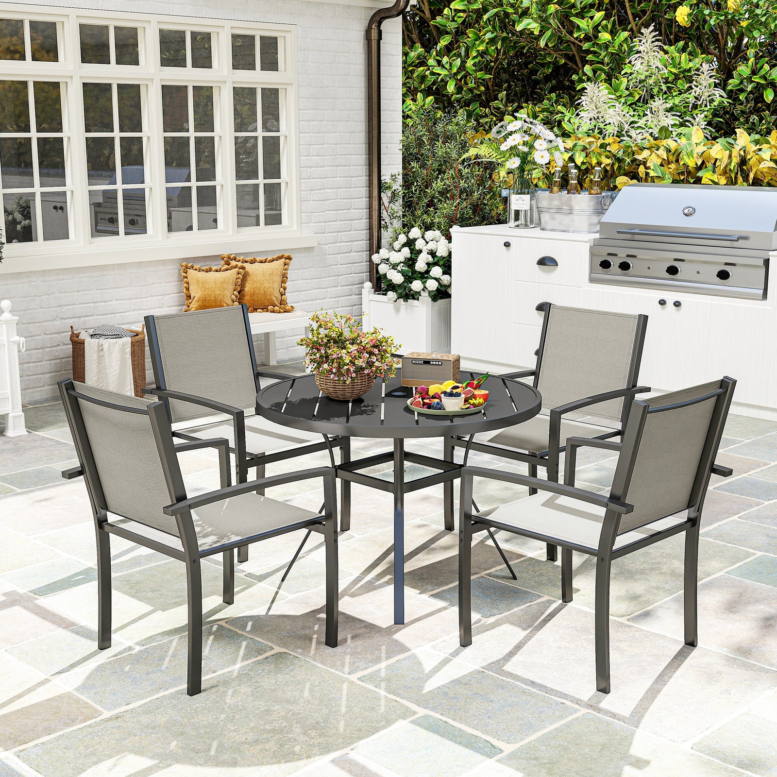 5-piece Round Table Set, 4 Stackable Chairs, Grey