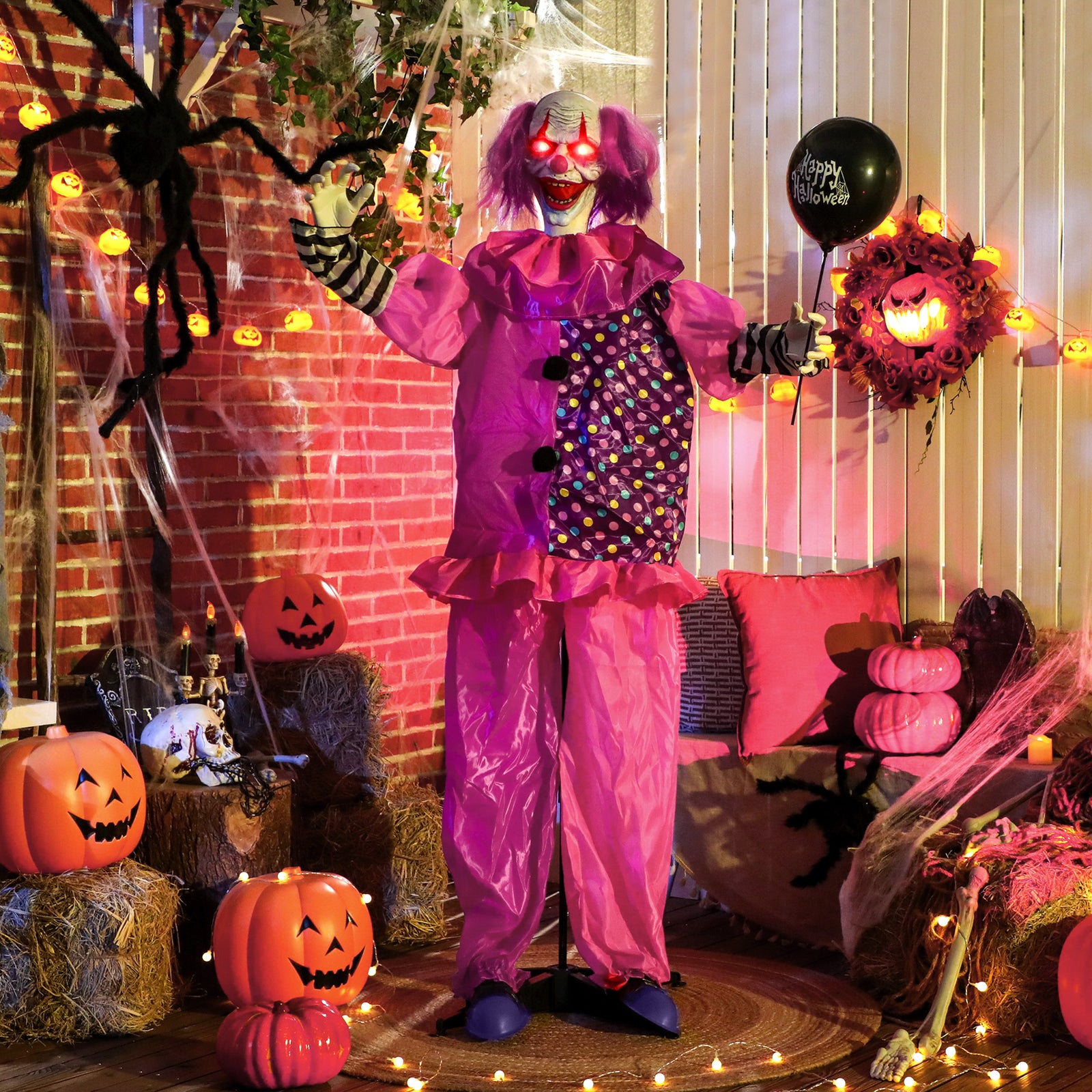 Sound Activated Halloween Animatronics Clown With Red Light Up Eyes