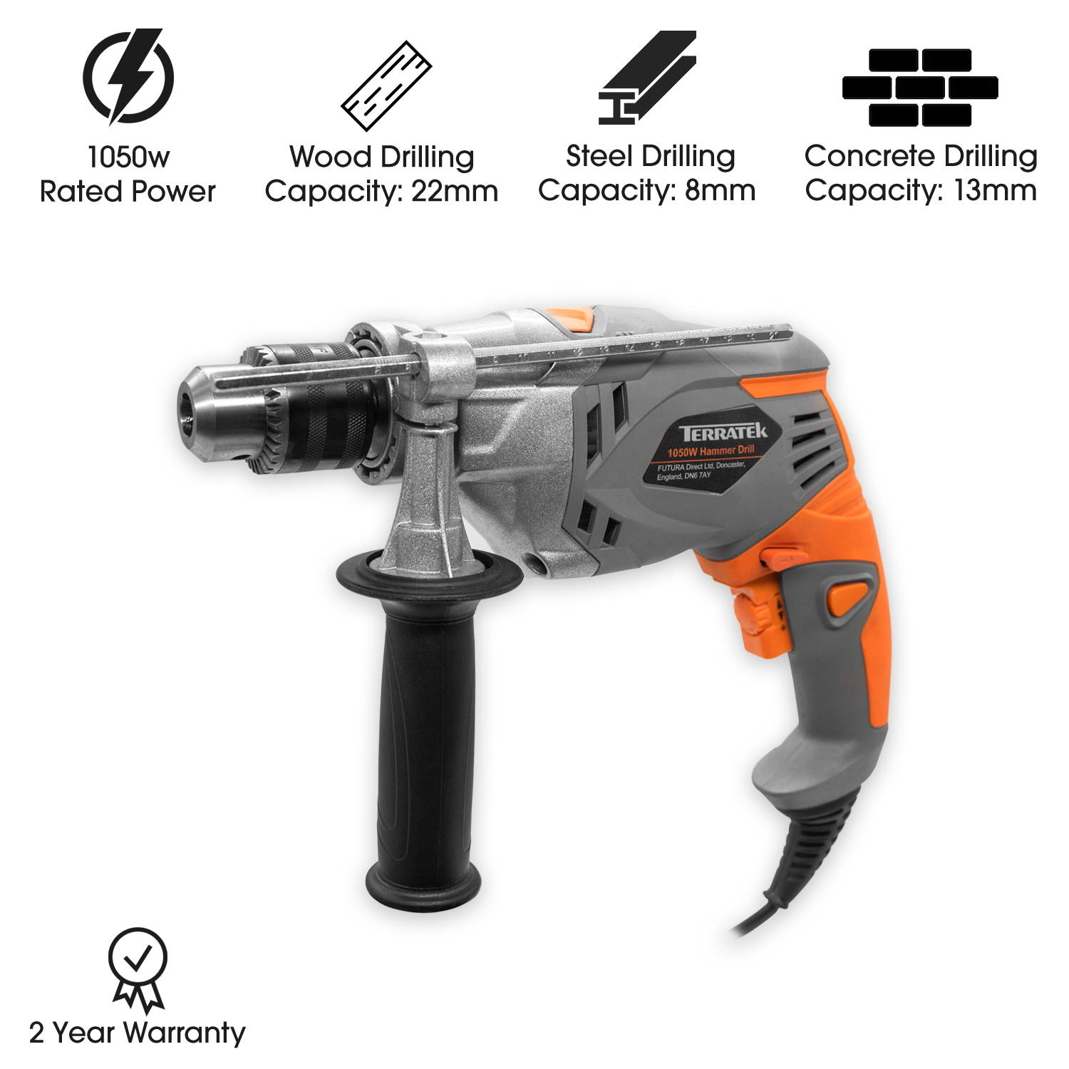 1050w Powerful Electric Corded Hammer Drill, Variable Speed, Lightweight, Key Chuck, Hammer And Electric Drill Modes