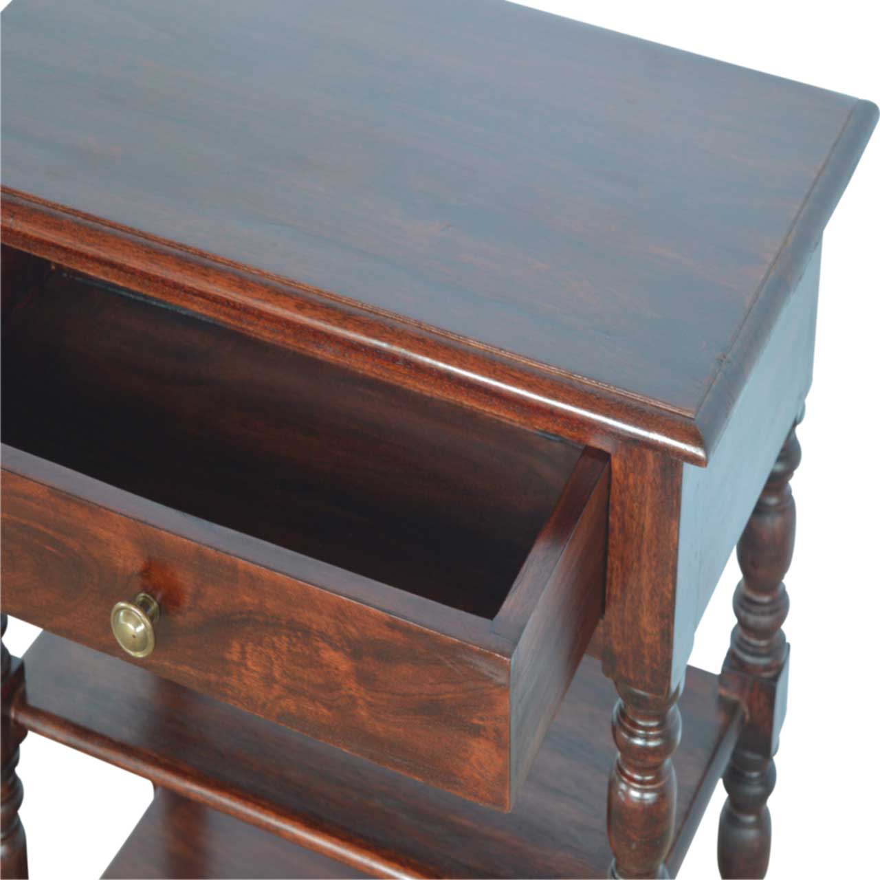 Solid Wood Turned Occasional Table, 1 Drawer and 2 Open Shelves, Dark Brown