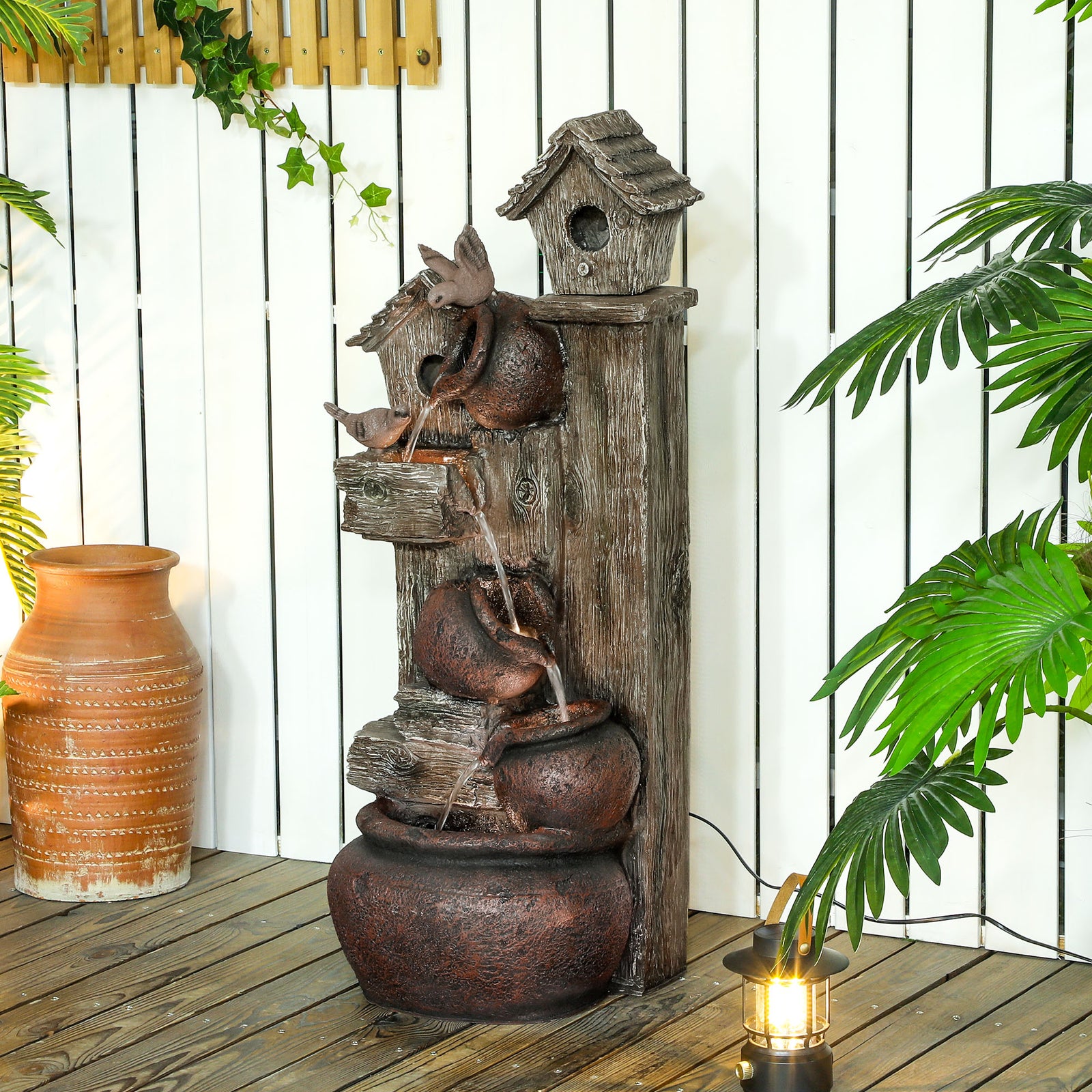 2-in-1 Waterfall Fountain W/ Birdhouse, Resin Fountain