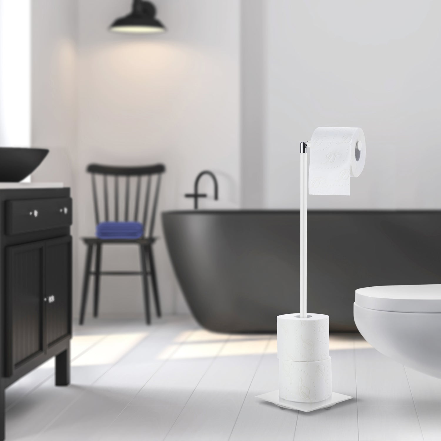 Stainless Steel Freestanding Toilet Roll Holder - Round Base | White