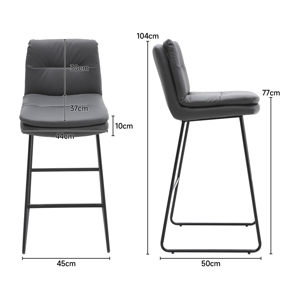 Set Of 2 Pu Leather Bar Stools – Modern Counter Chairs With Double-layer Cushion & Black Metal Legs | Grey