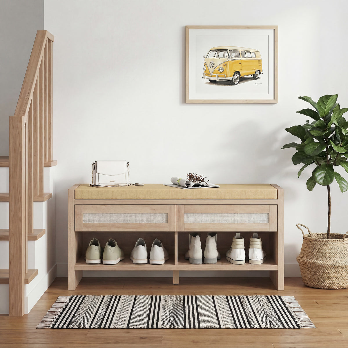 Shoe Bench With 2 Rattan Drawers Cushion | Oak