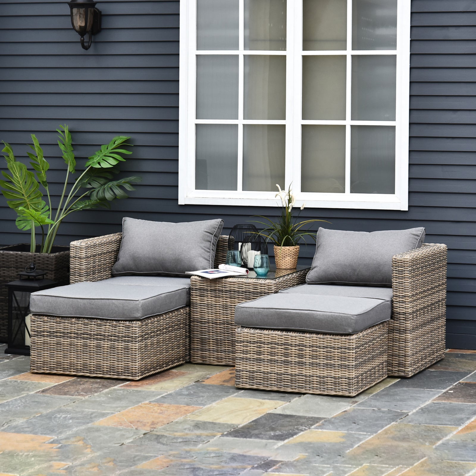 5 Pcs Pe Rattan Sofa Footstool Set Tall Glass-top Table | Brown