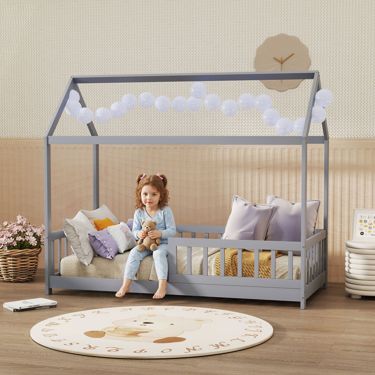 House-shaped Kids Bed Frame With Guard Rails For Boys Girls | Grey