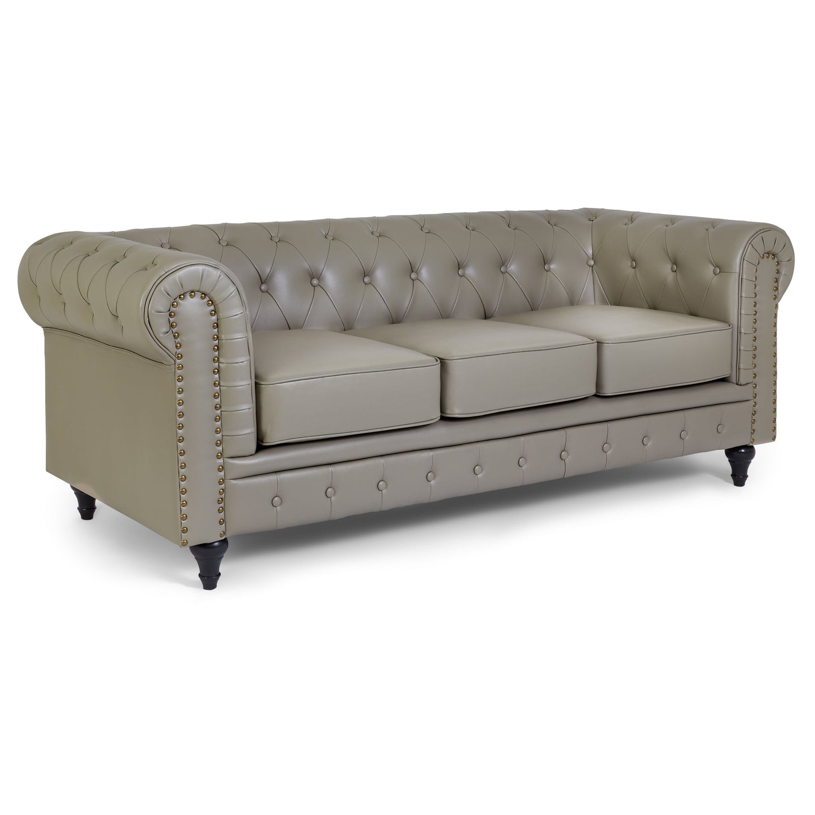Button Tufted Faux Leather Living Room Sofa - 3 Seater | Grey