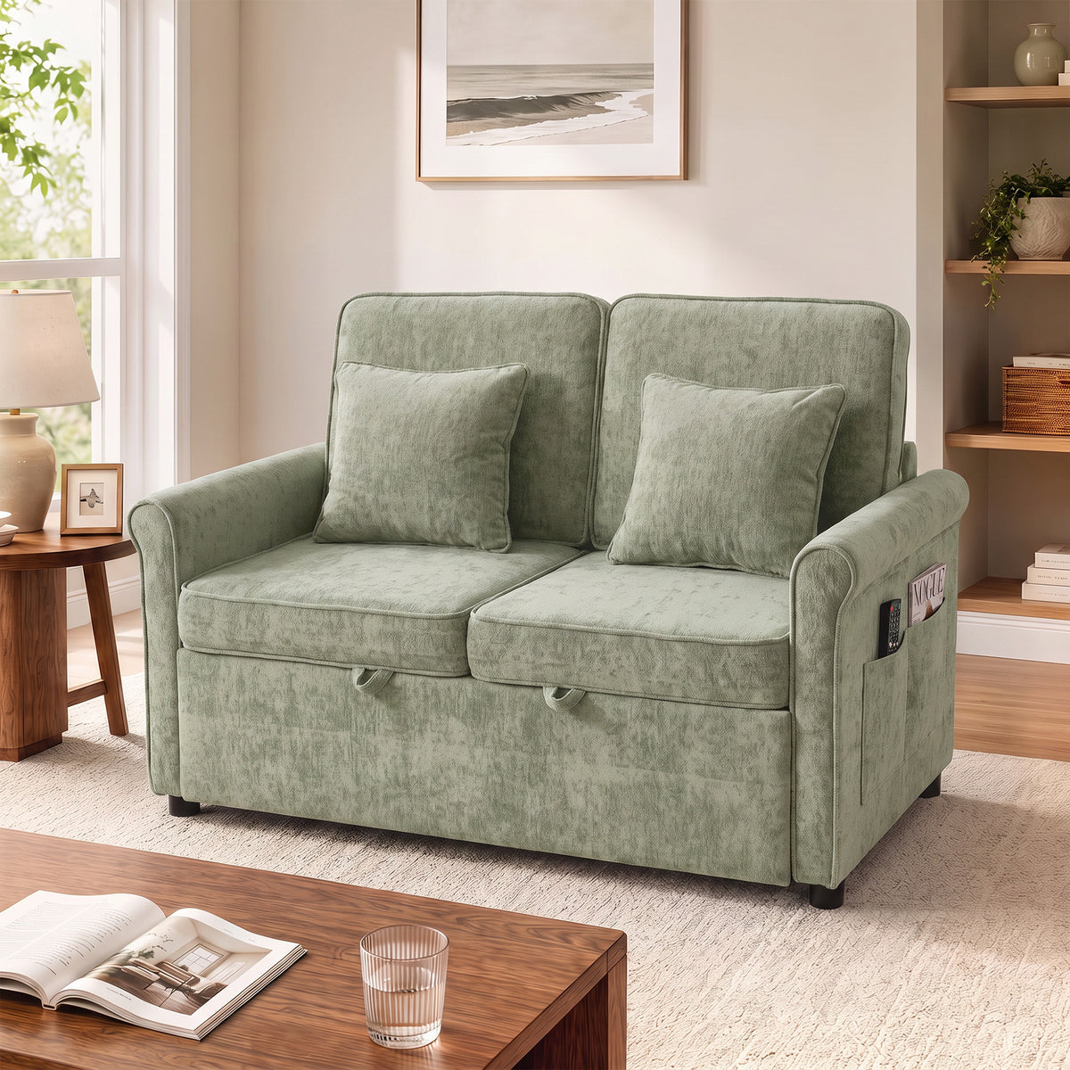 2 Seater Sofa Bed, 3-in-1 Convertible Pull Out Sofa Bed | Light Green