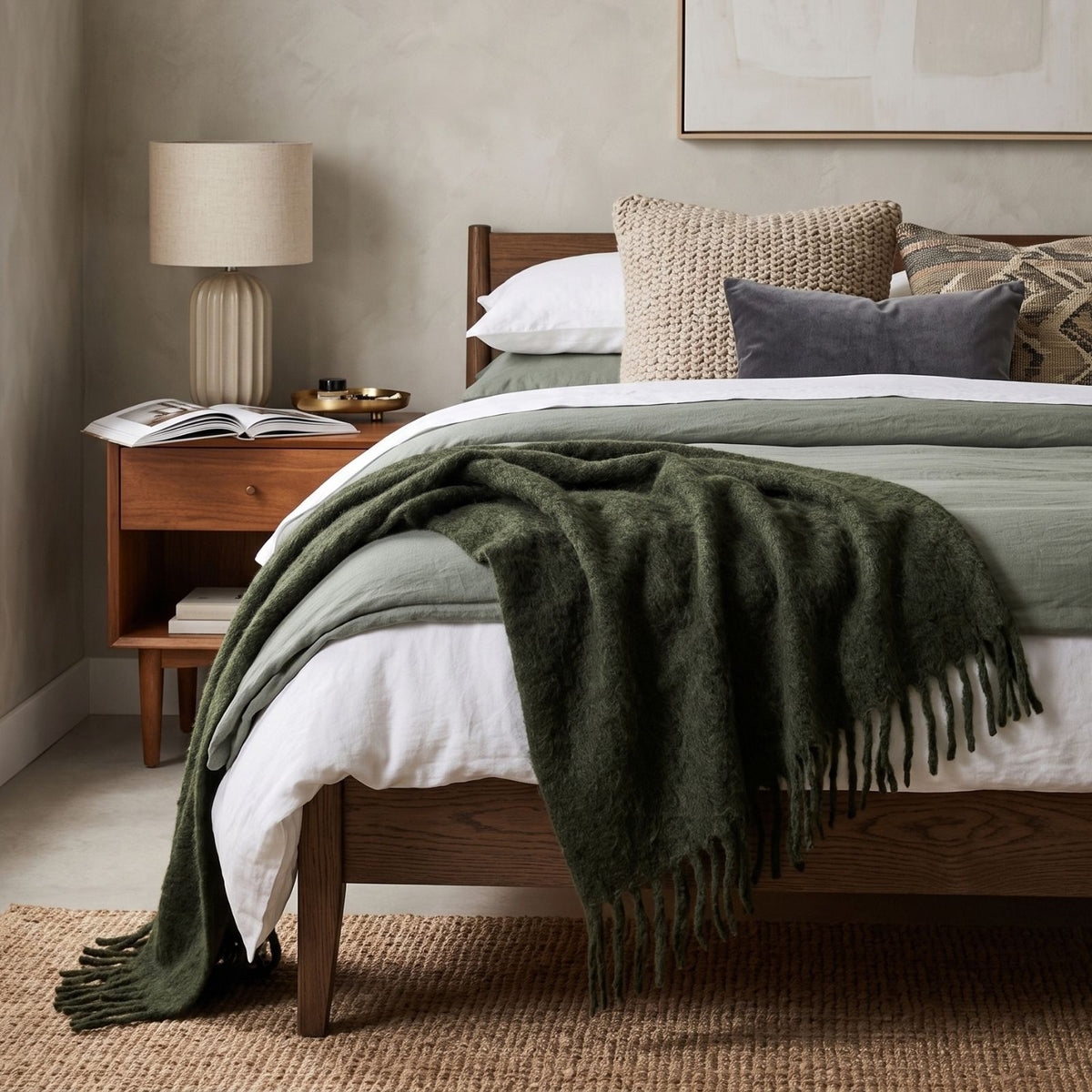 Pure Handmade Halo Wool Blend Bed & Sofa Throw Blanket | 130cm x 170cm | Forest Green