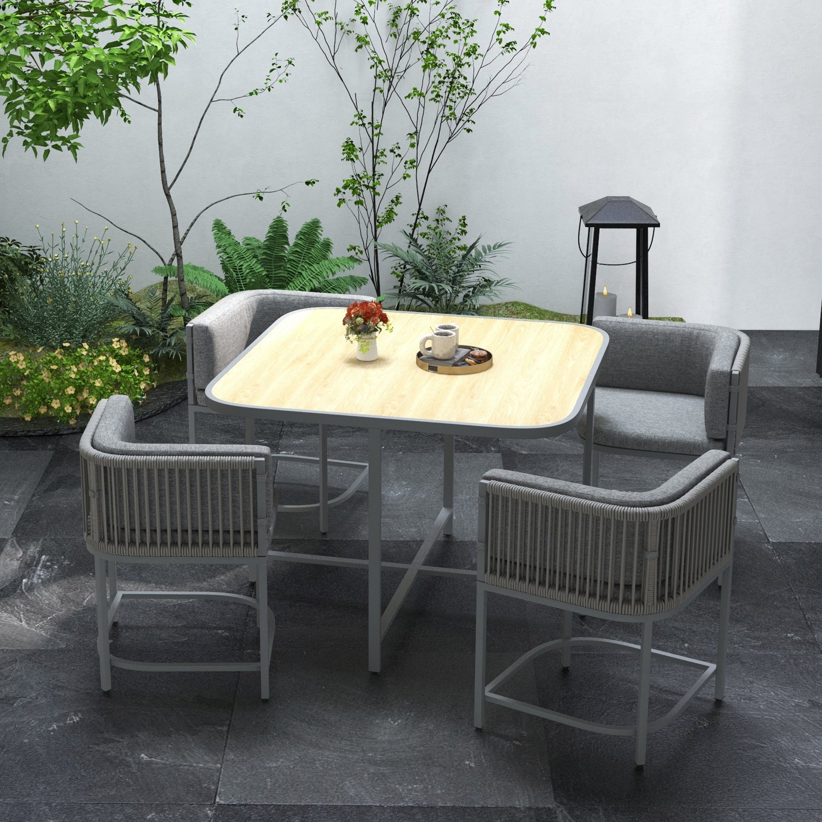 5 Pcs Rattan Set Cube Space-saving, Grey