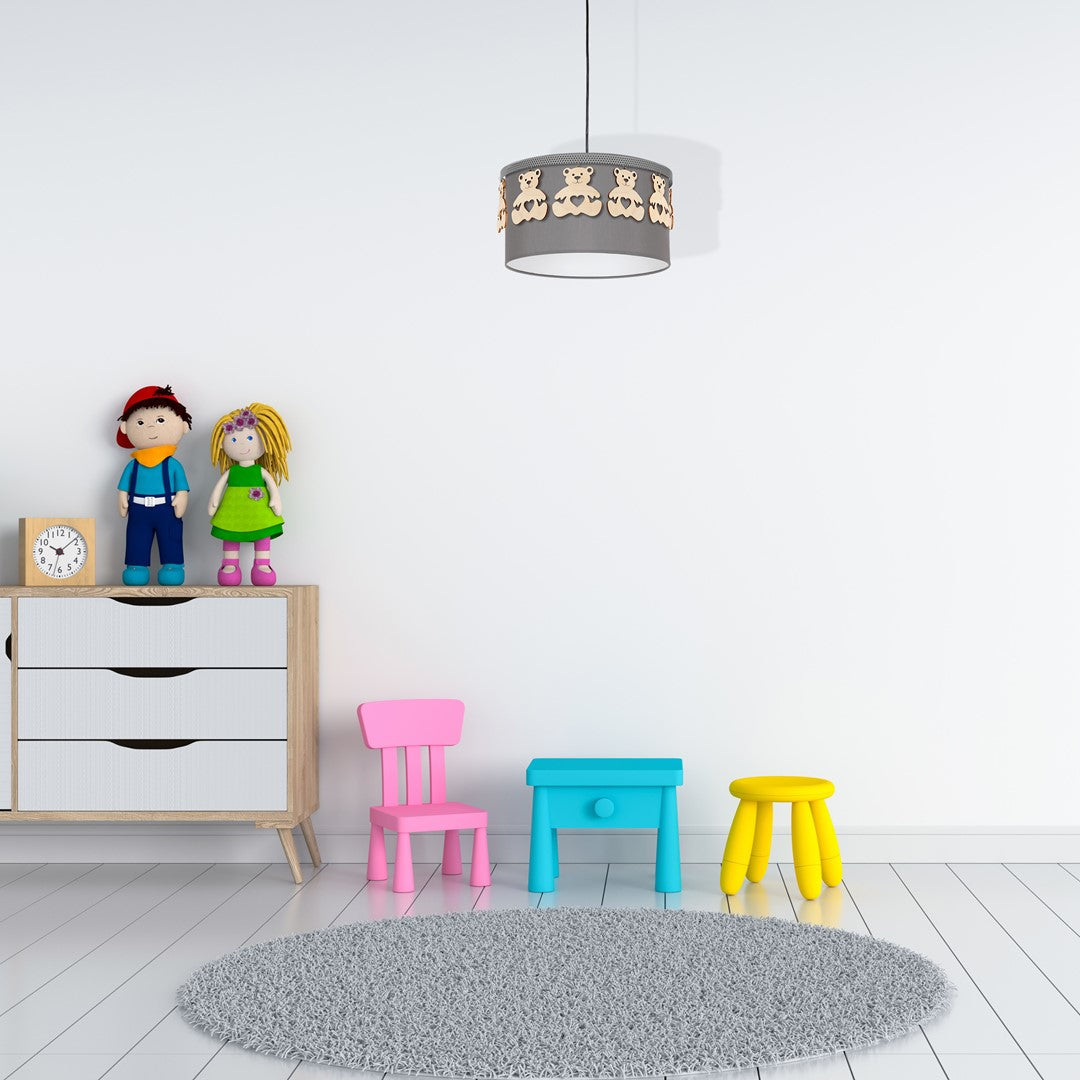 Mis Grey Pendant Lamp 1xe27 Beautifully Hand Made From Contemporary Grey Fabric With Natural Wooden Teddybears