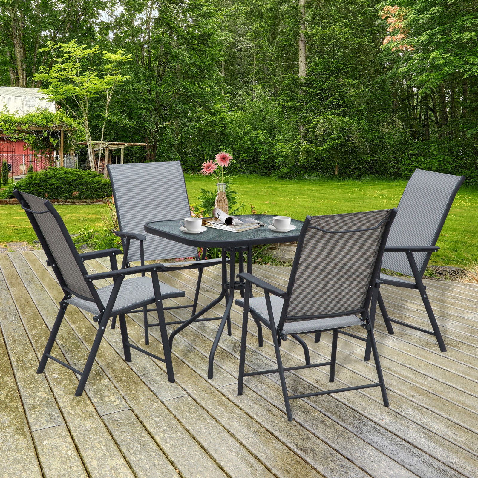 Outdoor Dining Set Steel Frames W/ 4 Chairs Coffee Table | 5 | Gray
