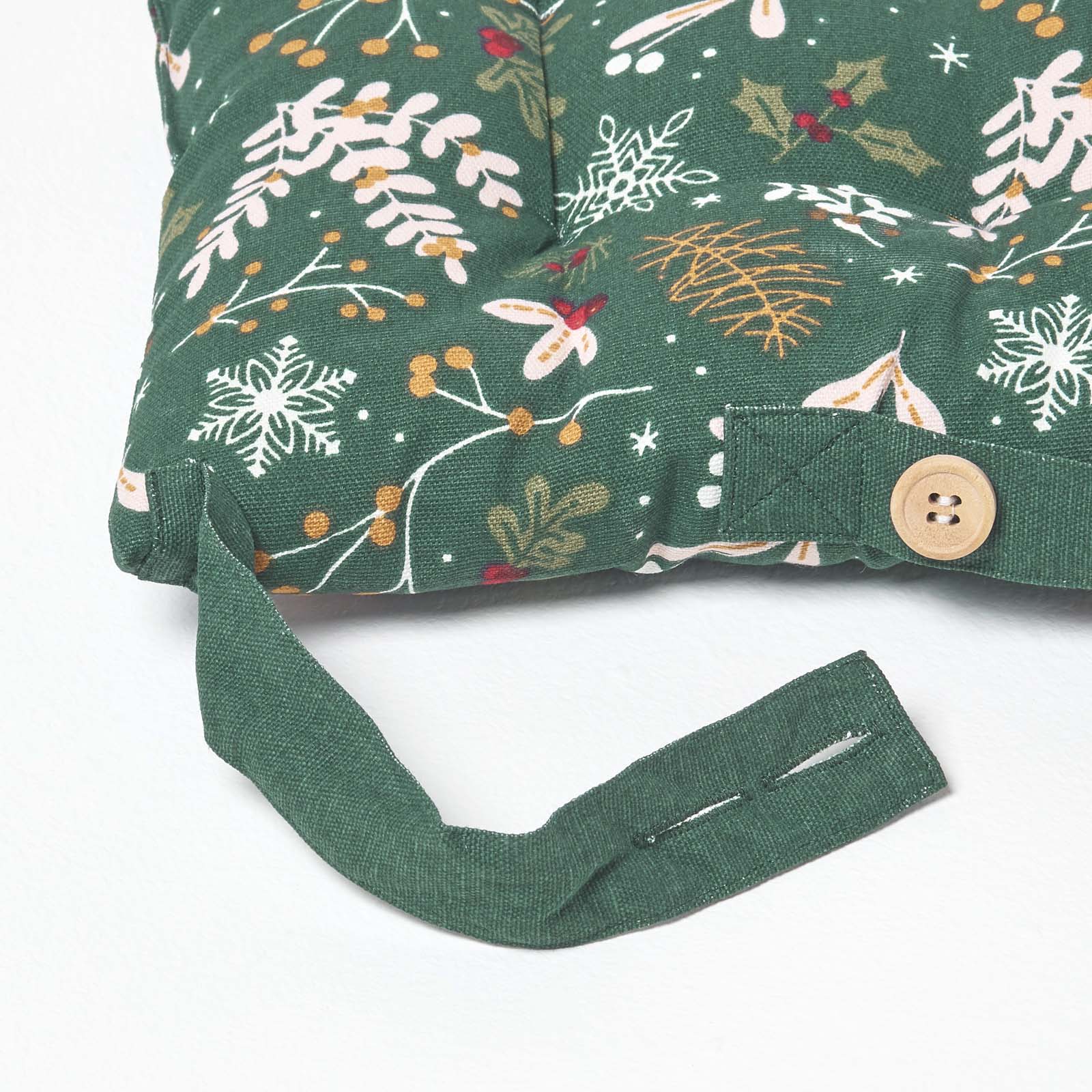 Christmas Seat Pad With Straps 100% Cotton 40 x 40cm | 40cm x 40cm | Green