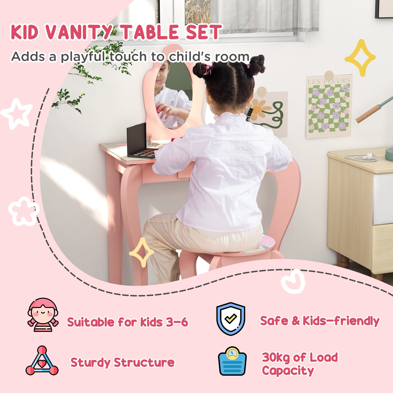 Kids Dressing Table With Mirror, Stool, Drawer, Girls Vanity Table | Pink