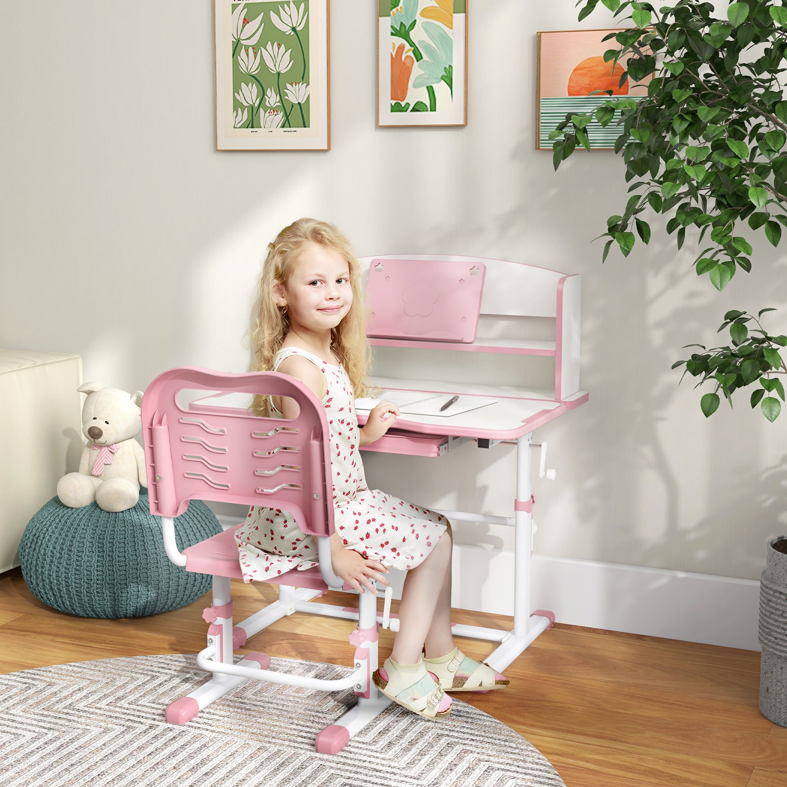 Height Adjustable Kids Desk And Chair Set, With Drawer, Bookshelf | Pink