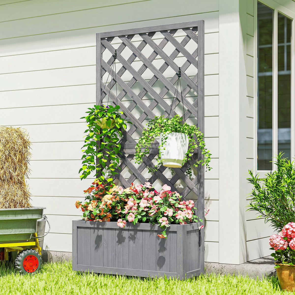 Outsunny Wood Planter With Trellis For Climbing Plants, Grey