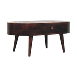 Solid Wood California Walnut Rounded Coffee Table, 2 Drawers, Dark Brown