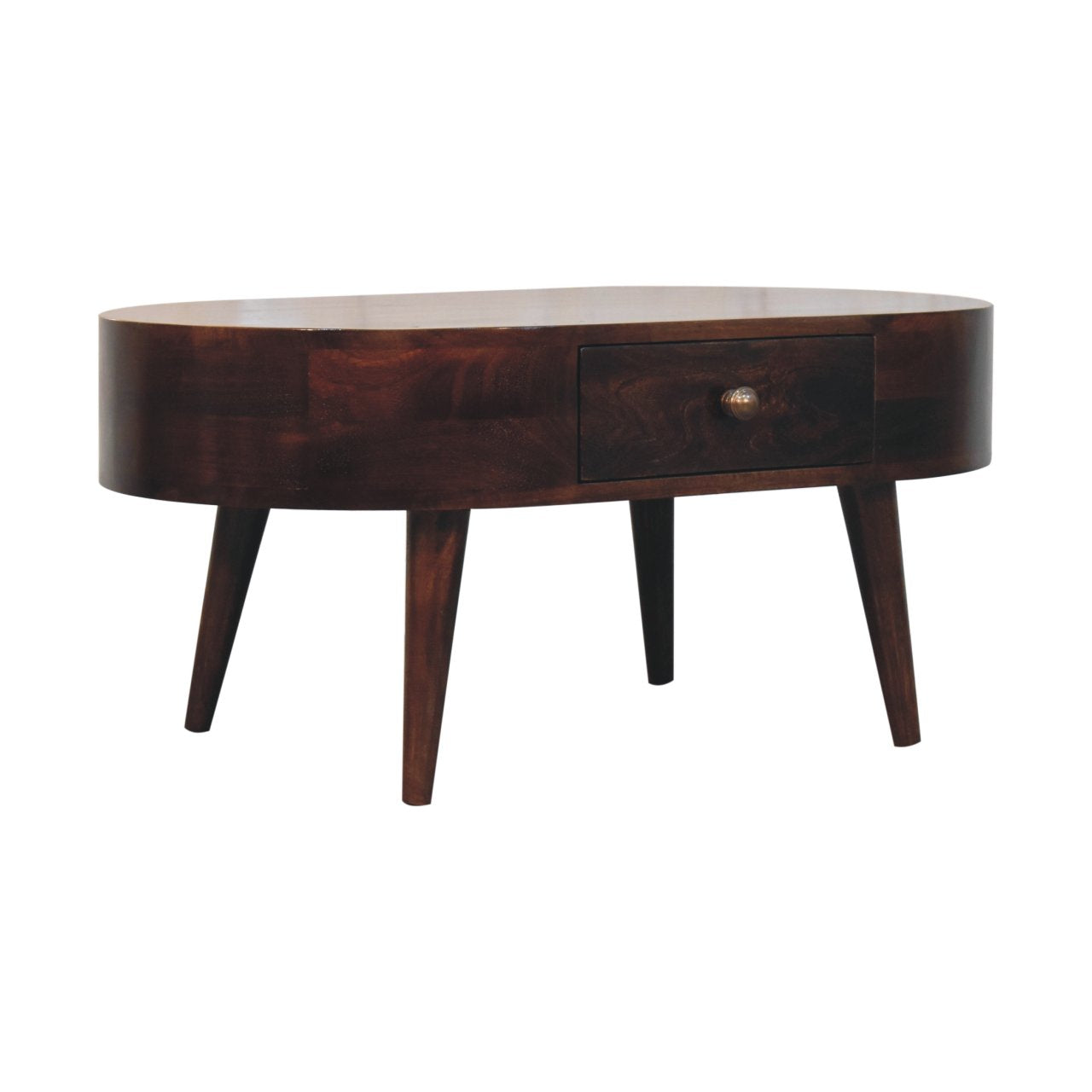 Solid Wood California Walnut Rounded Coffee Table, 2 Drawers, Dark Brown