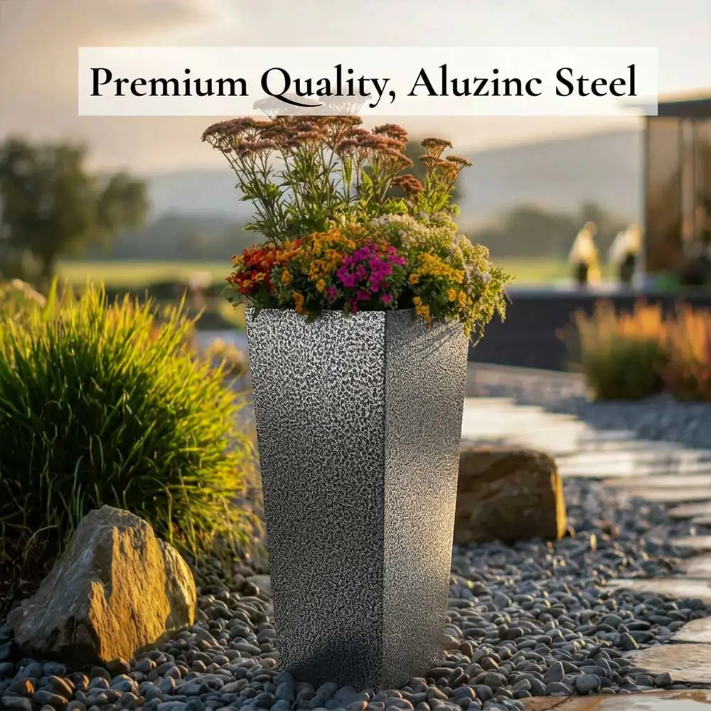 Zinc Galvanised Tall Flared Tapered Square Planter | 30cm x 30cm x 70cm | Silver Black