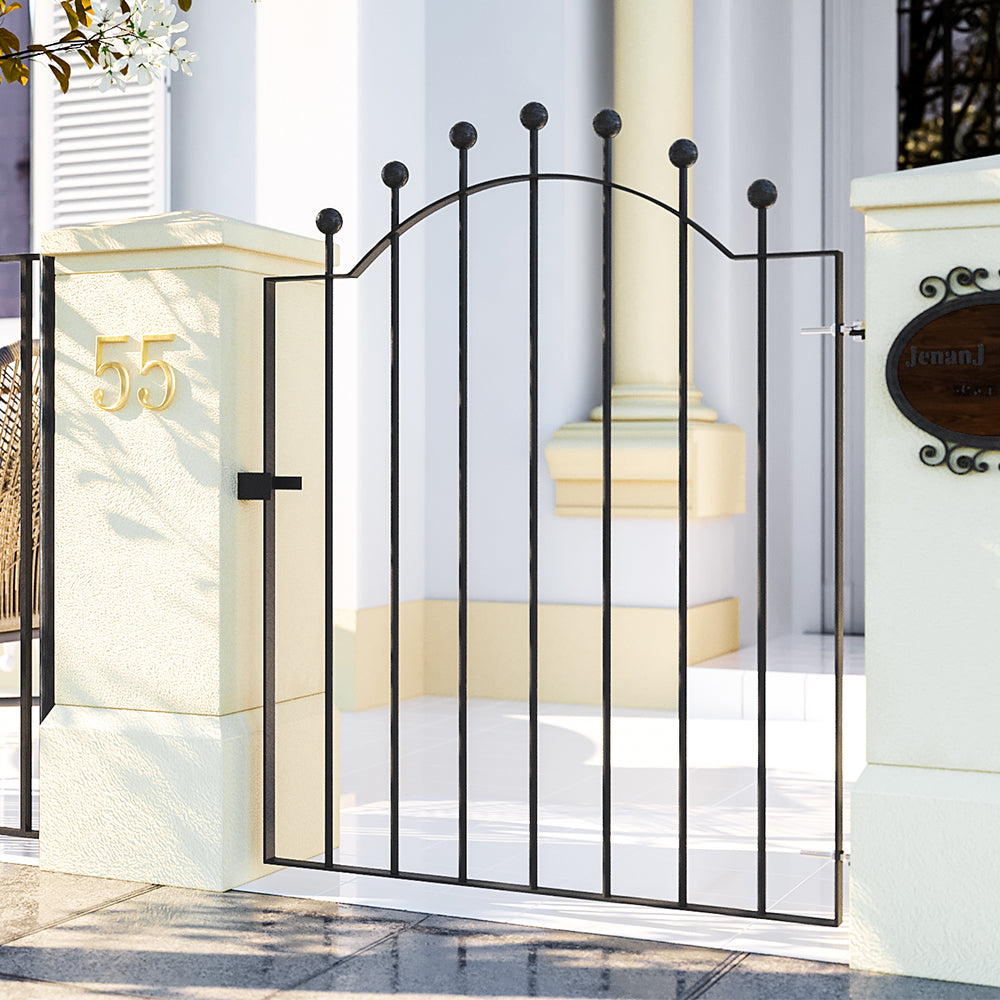 86 W×103cm H Arched Wrought Iron Garden Gate Metal Entry Gate With Ball Finials
