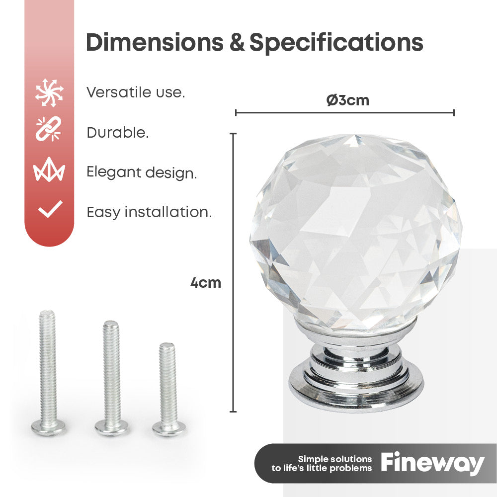 Fineway 10 Pack Crystal Drawer Handles Glass Knobs Cabinet Wardrobe Furniture