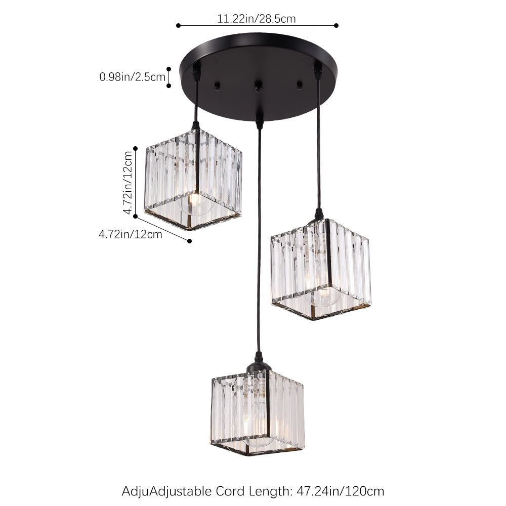 Modern 3-light Crystal Pendant Light Adjustable Linear Ceiling Fixture With Square Glass Shades | Black