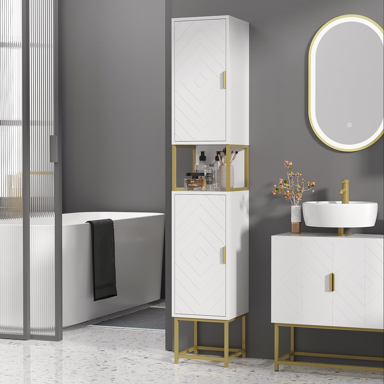 Freestanding Bathroom Cabinet Linen Towel Adjustable Shelf