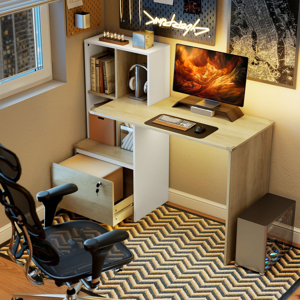 HOMCOM Computer Desk With Lockable File Drawers, Oak Wood Effect