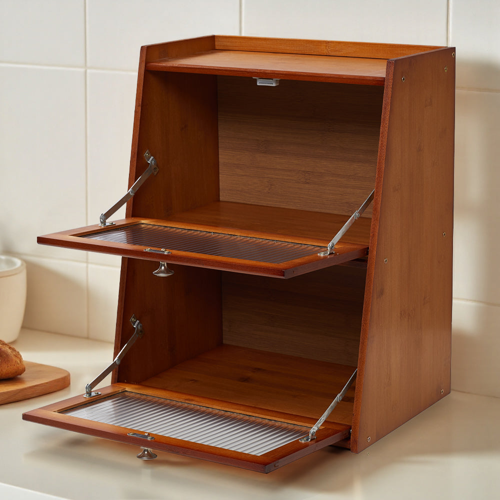 3-tier Bamboo Bread Storage Cabinet With Acrylic Flap Door, Space-saving Trapezoid Design | Brown