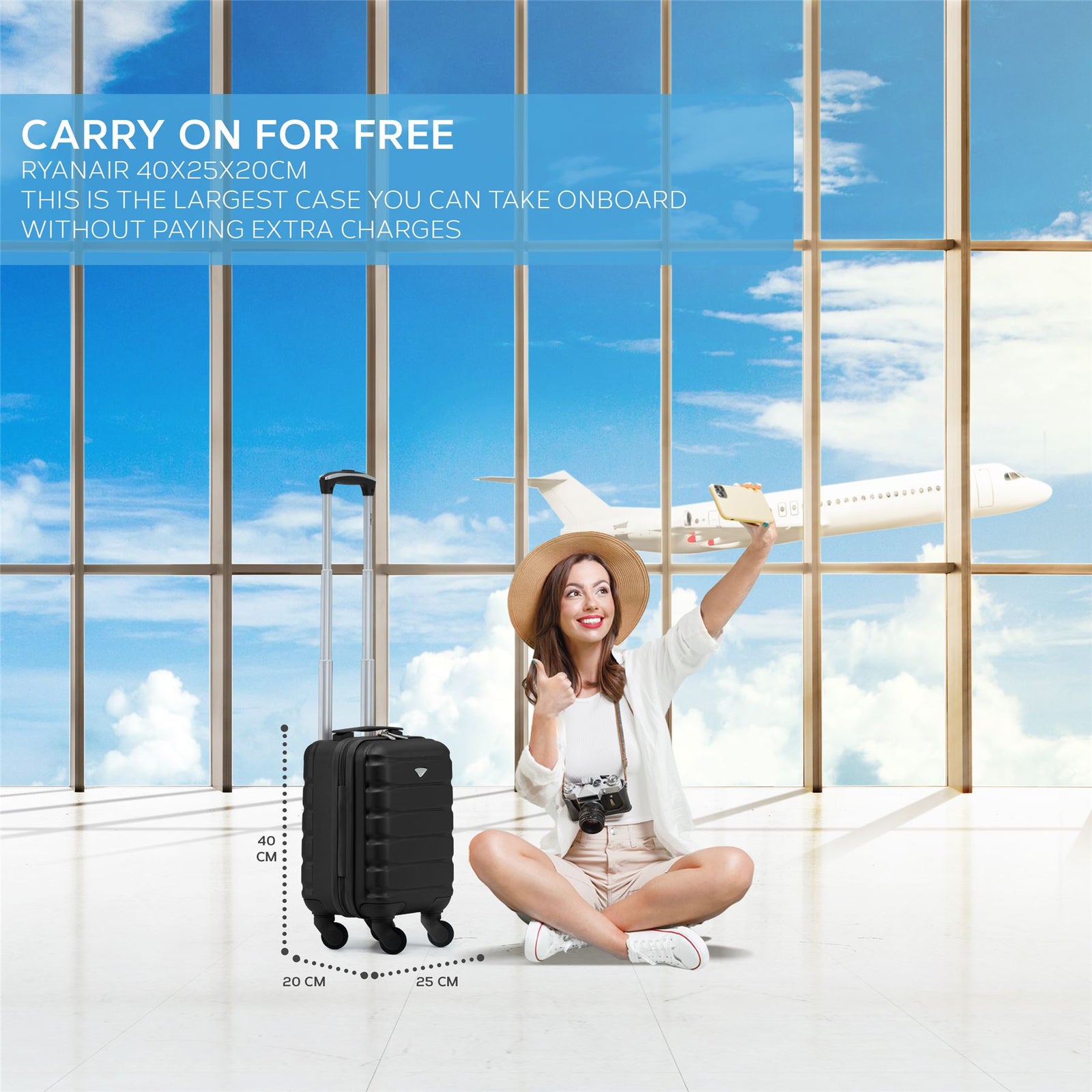 40x20x25cm Cabin Carry-on Suitcase - Lightweight, Durable, 4-wheel Luggage - 100+ Airlines Approved | Cabin | Black