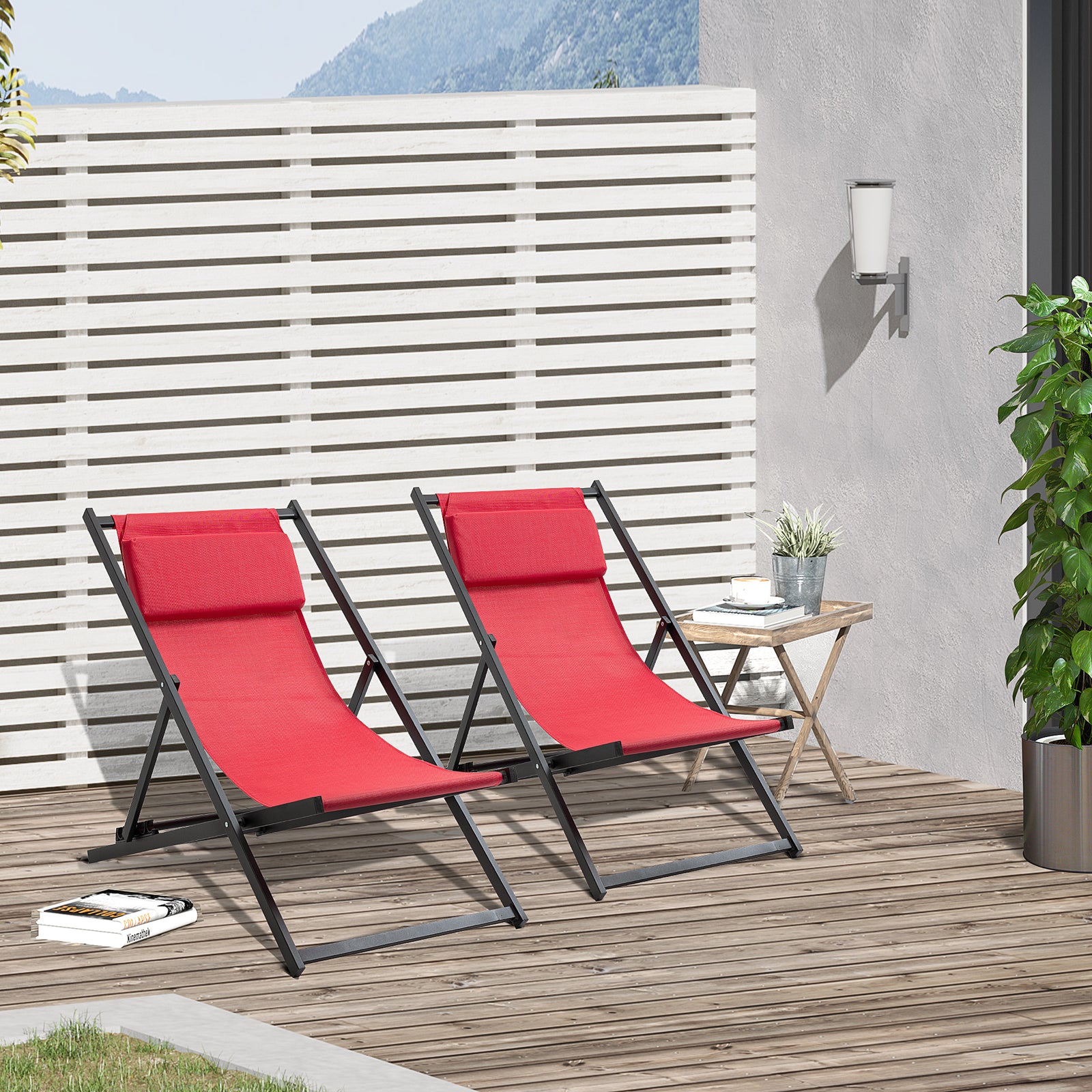Set Of 2 Folding Garden Beach Aluminium Frame Deck Chairs | White