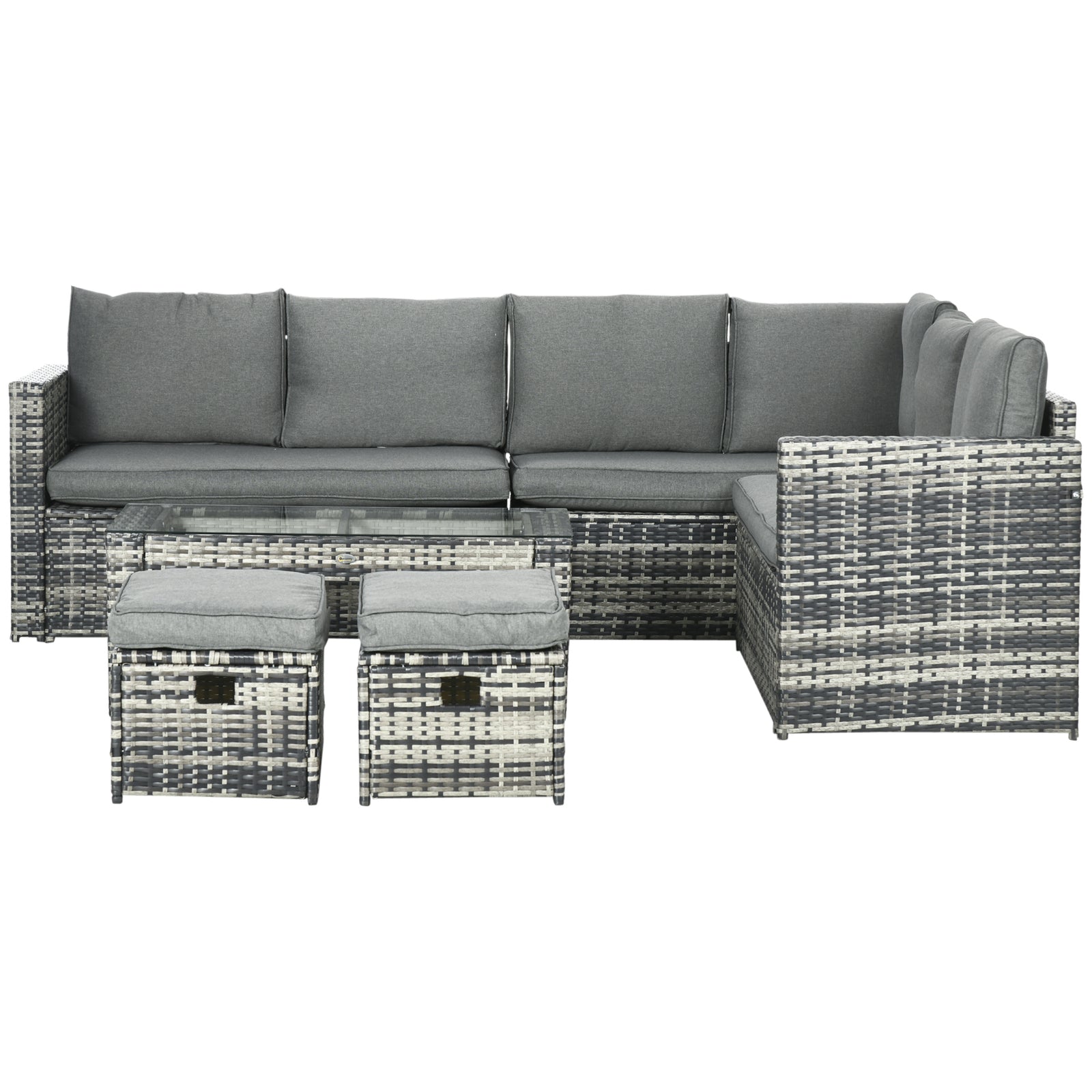 Outsunny 6pc Rattan Set W/ Loveseats Footstools Table Cushions