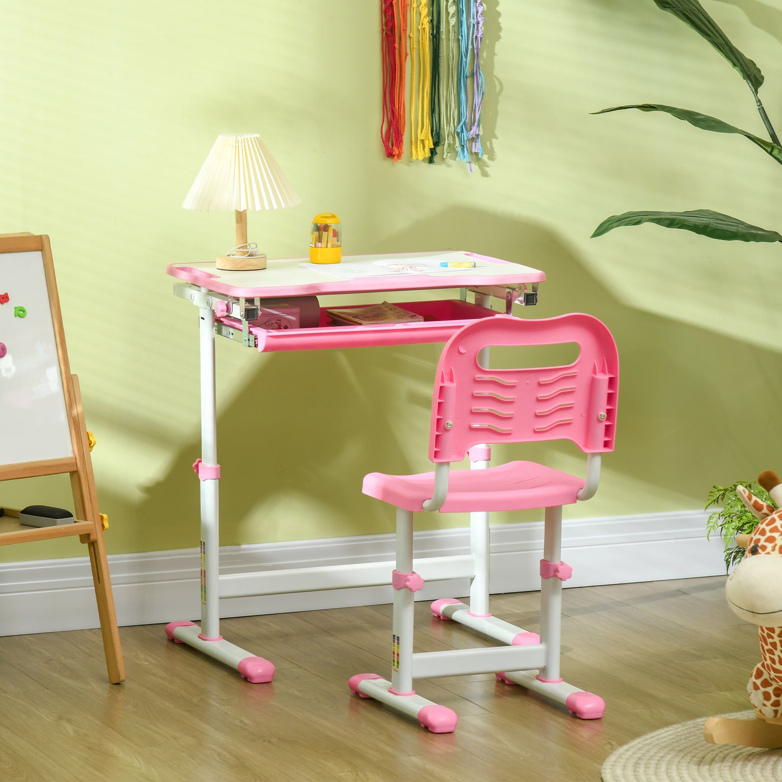 Kids Desk And Chair Set W/ Drawer, Pen Slot Hook | Pink