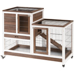 Wooden Indoor Rabbit Hutch Elevated Bunny Cage With Enclosed Run W/ Wheel | Brown