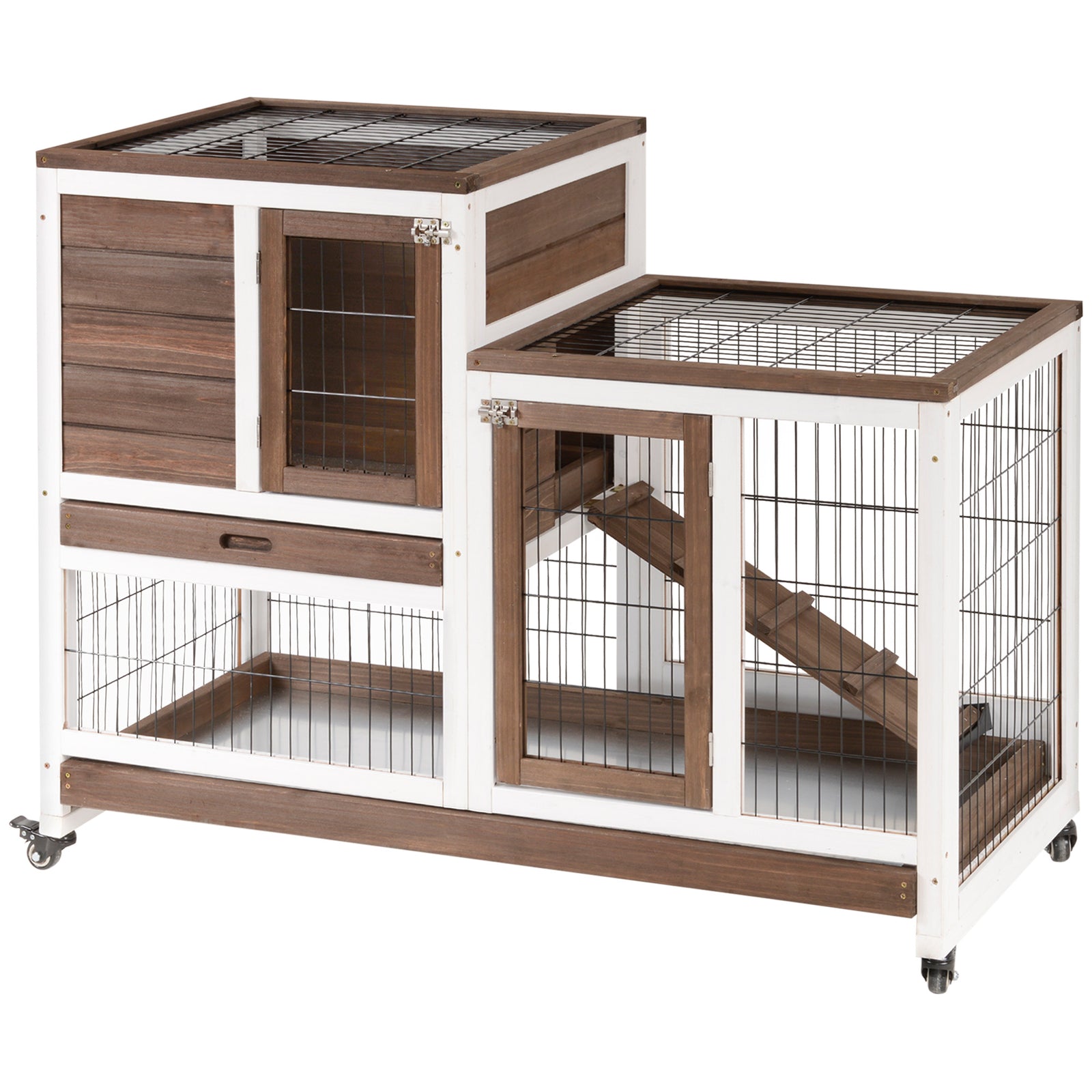 Wooden Indoor Rabbit Hutch Elevated Bunny Cage With Enclosed Run W/ Wheel | Brown