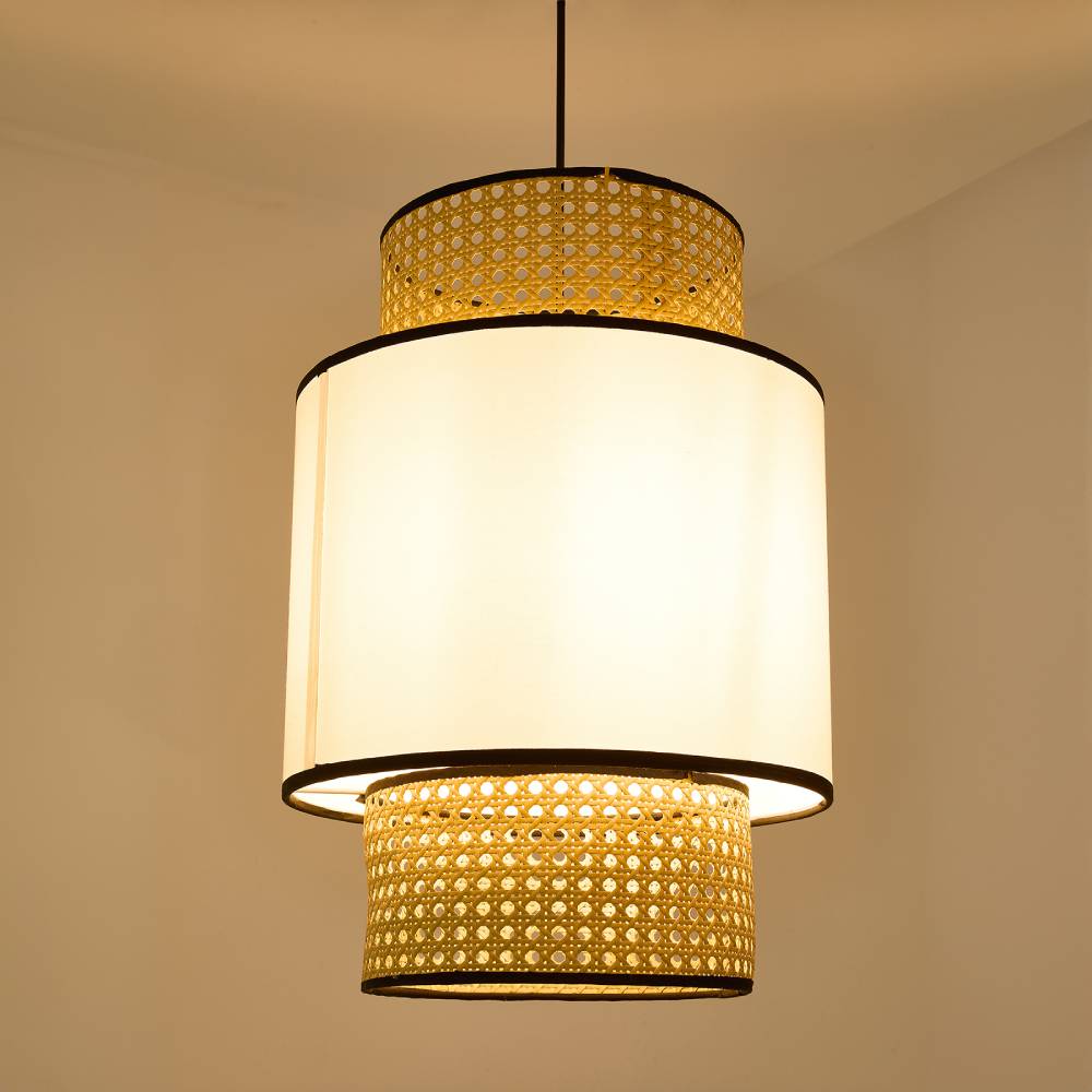 Natural Rattan And Fabric Pendant Light – Multi-layered Beech Tone Lampshade For Warm And Elegant Home Décor