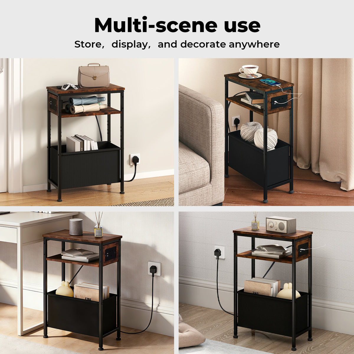 Levede Slim Side Table With Charging Station Storage Narrow End Table Sofa Living Room