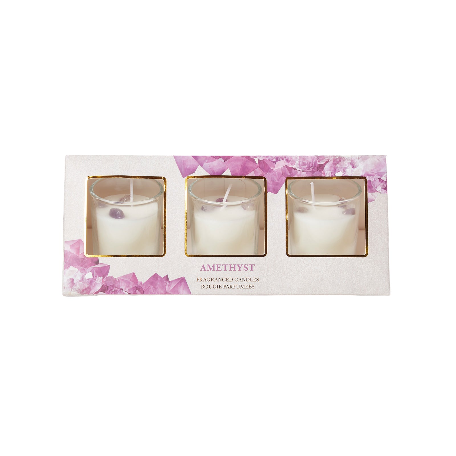 HOMESCAPES Amethyst Crystal Scented Candle Set, Pack Of 3