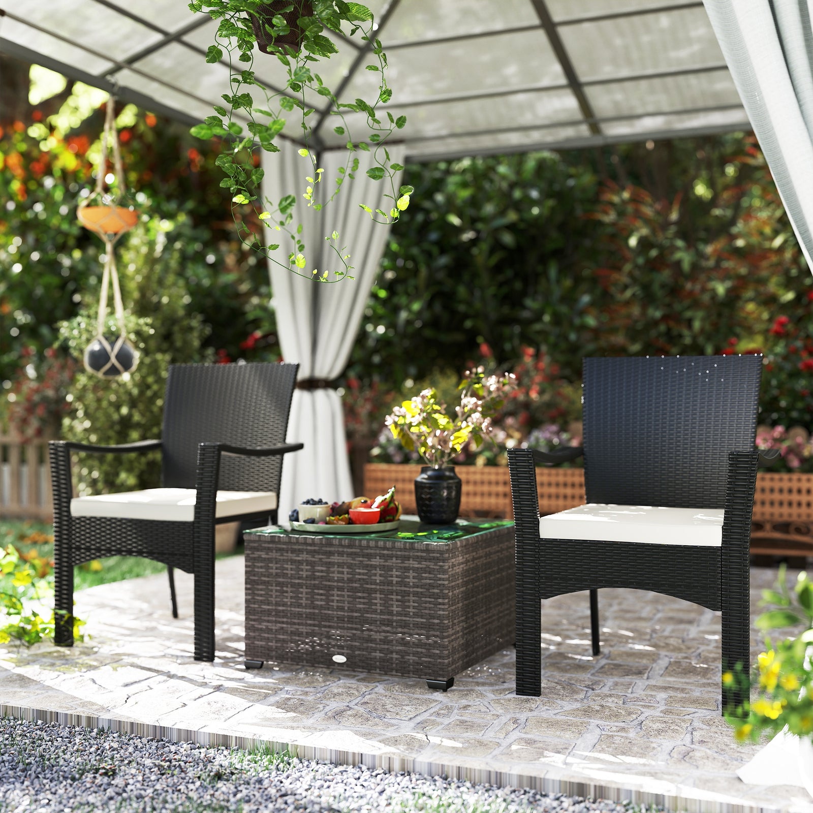 Outdoor Coffee Table W/ Glass Top, Rattan Side Table | Black