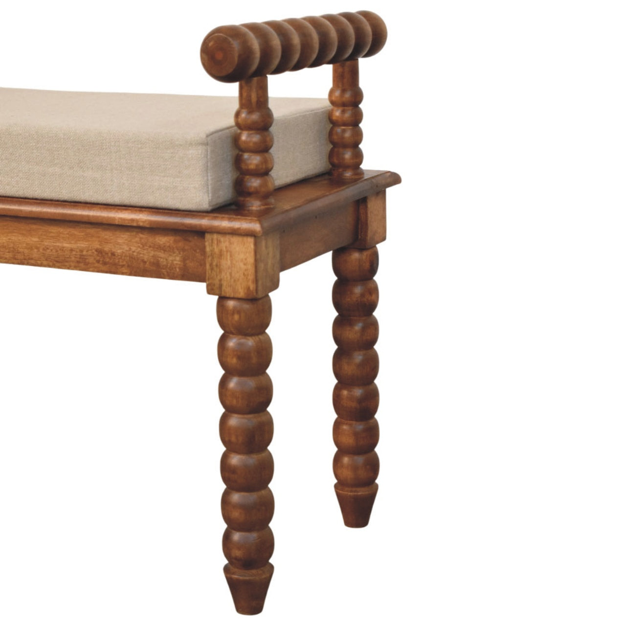 Artisan Furniture Solid Wood Spindle Amber Linen Bench, Upholstered