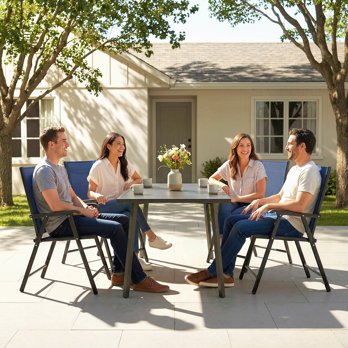Folding Garden Chairs Set With High Back, Armrests | Set of 4 | Blue