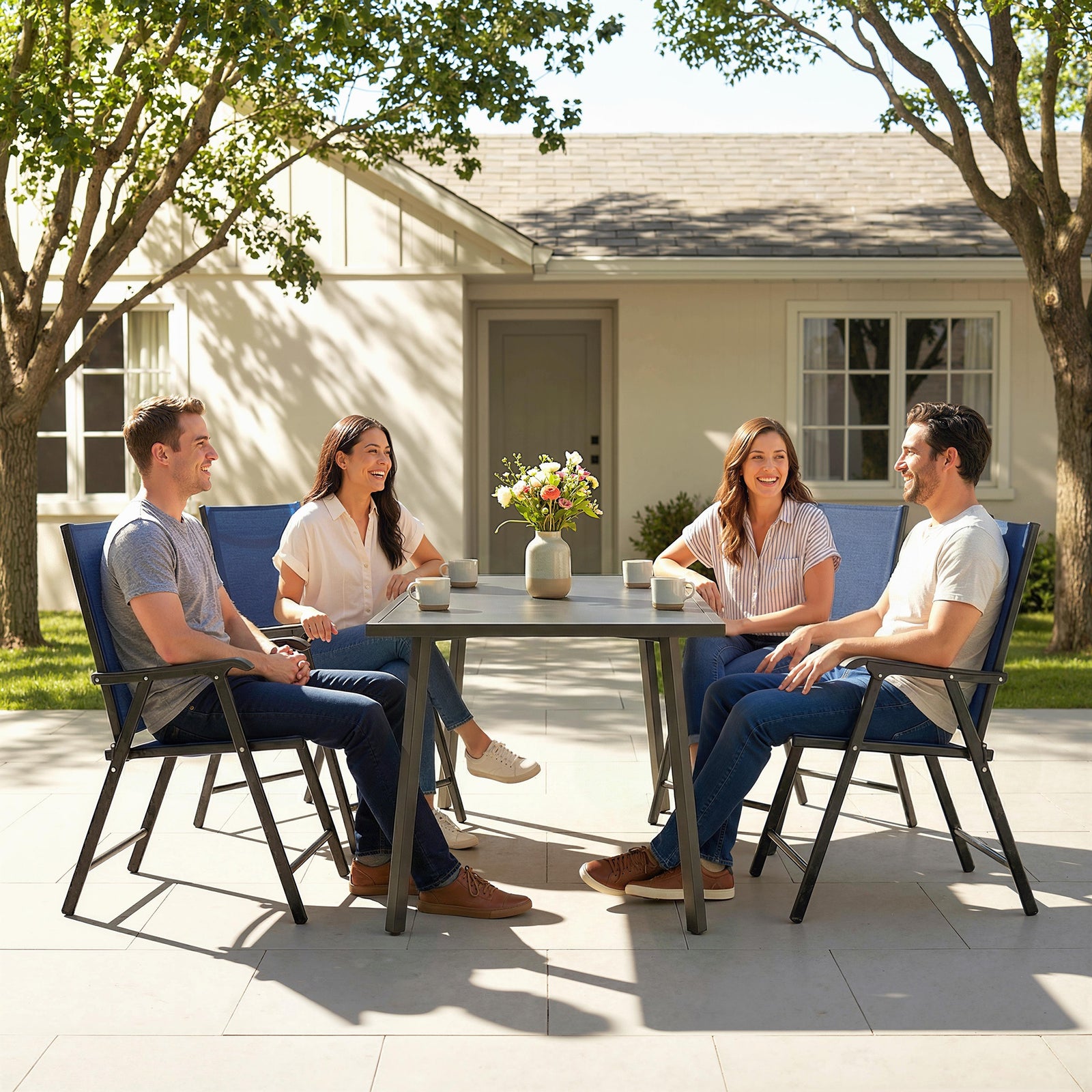 Folding Garden Chairs Set With High Back, Armrests | Set-of-4 | Blue