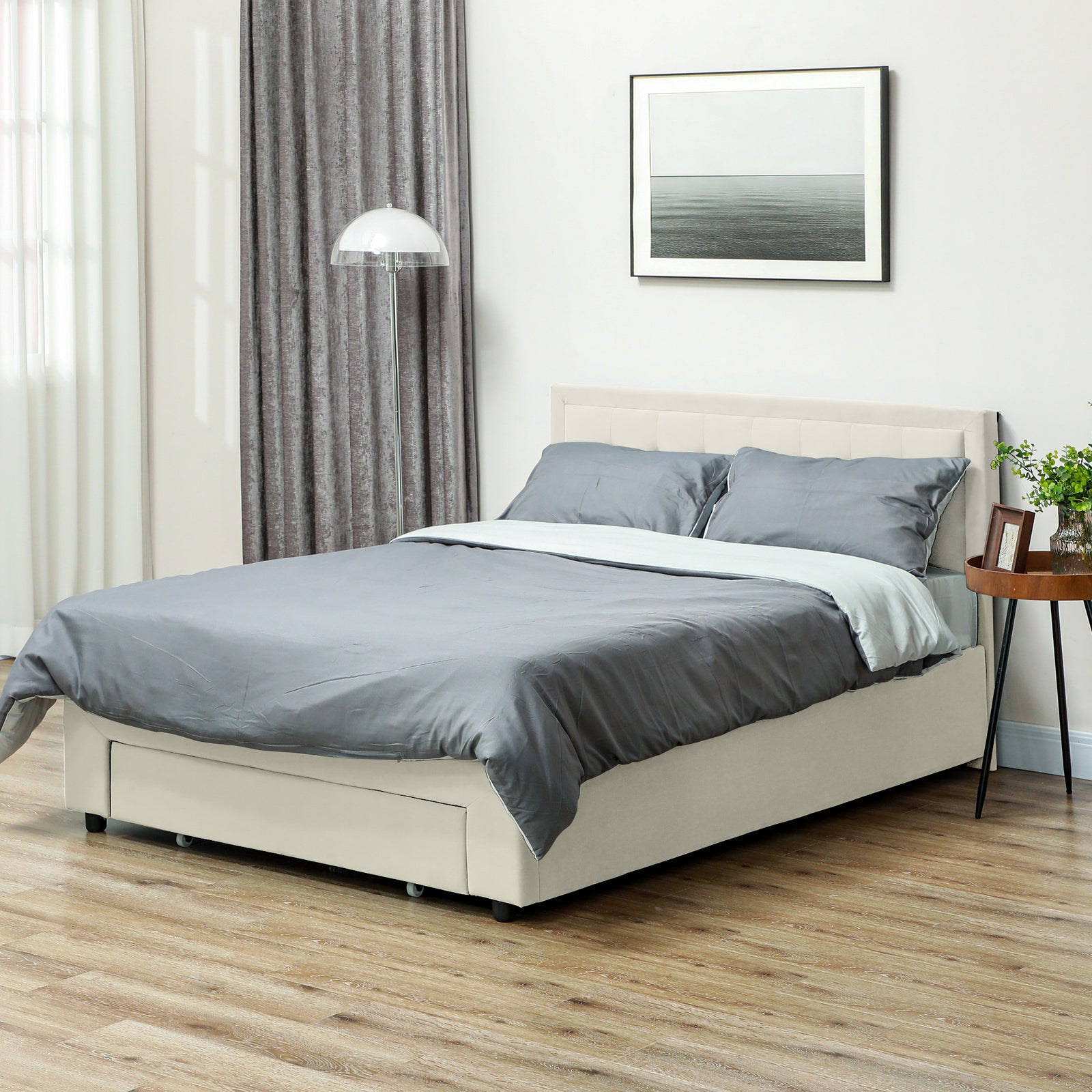 Double Bed Frame With Storage And Adjustable Velvet Headboard | Cream
