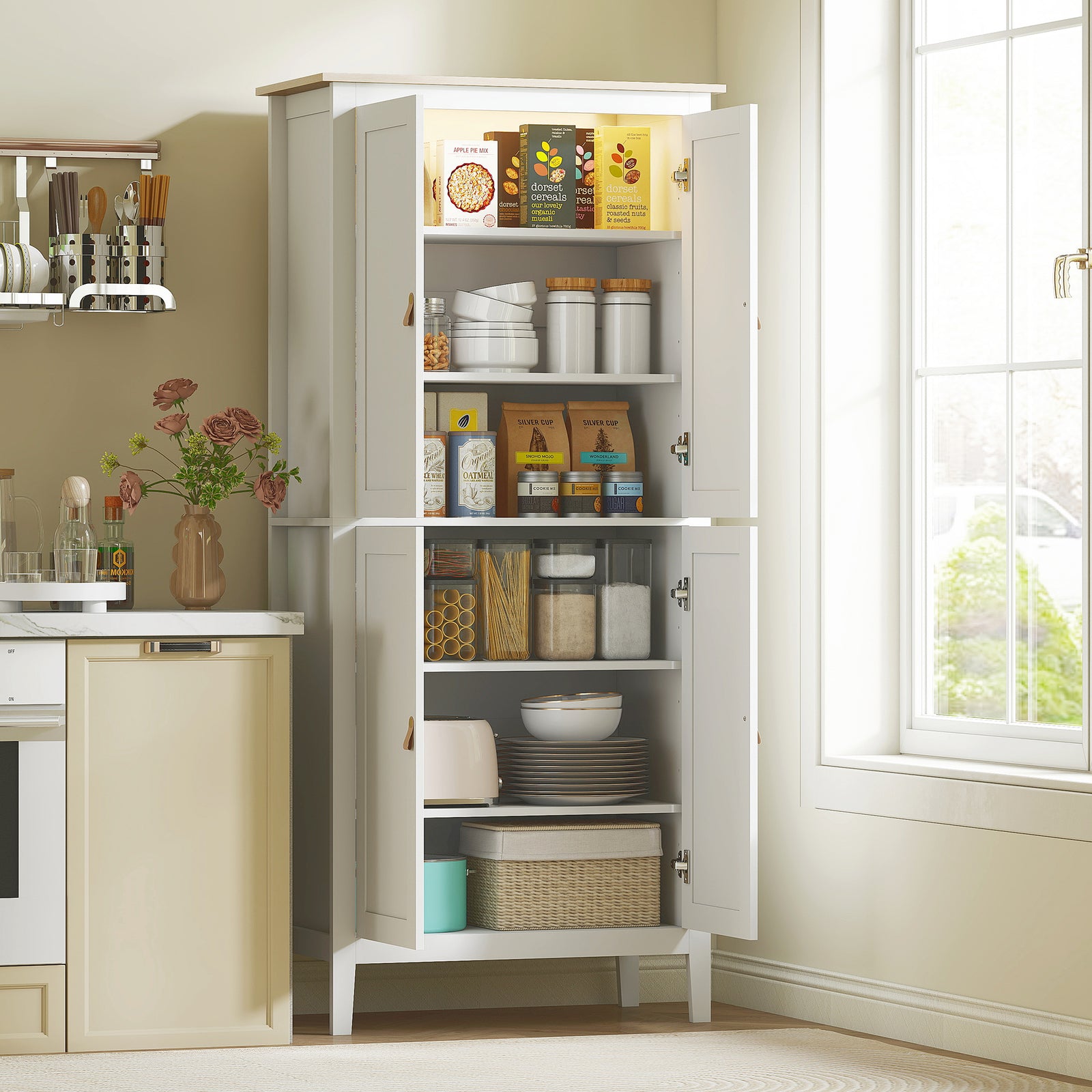 176.5 Cm Tall Freestanding Pantry Storage Cabinet With 4 Doors | White