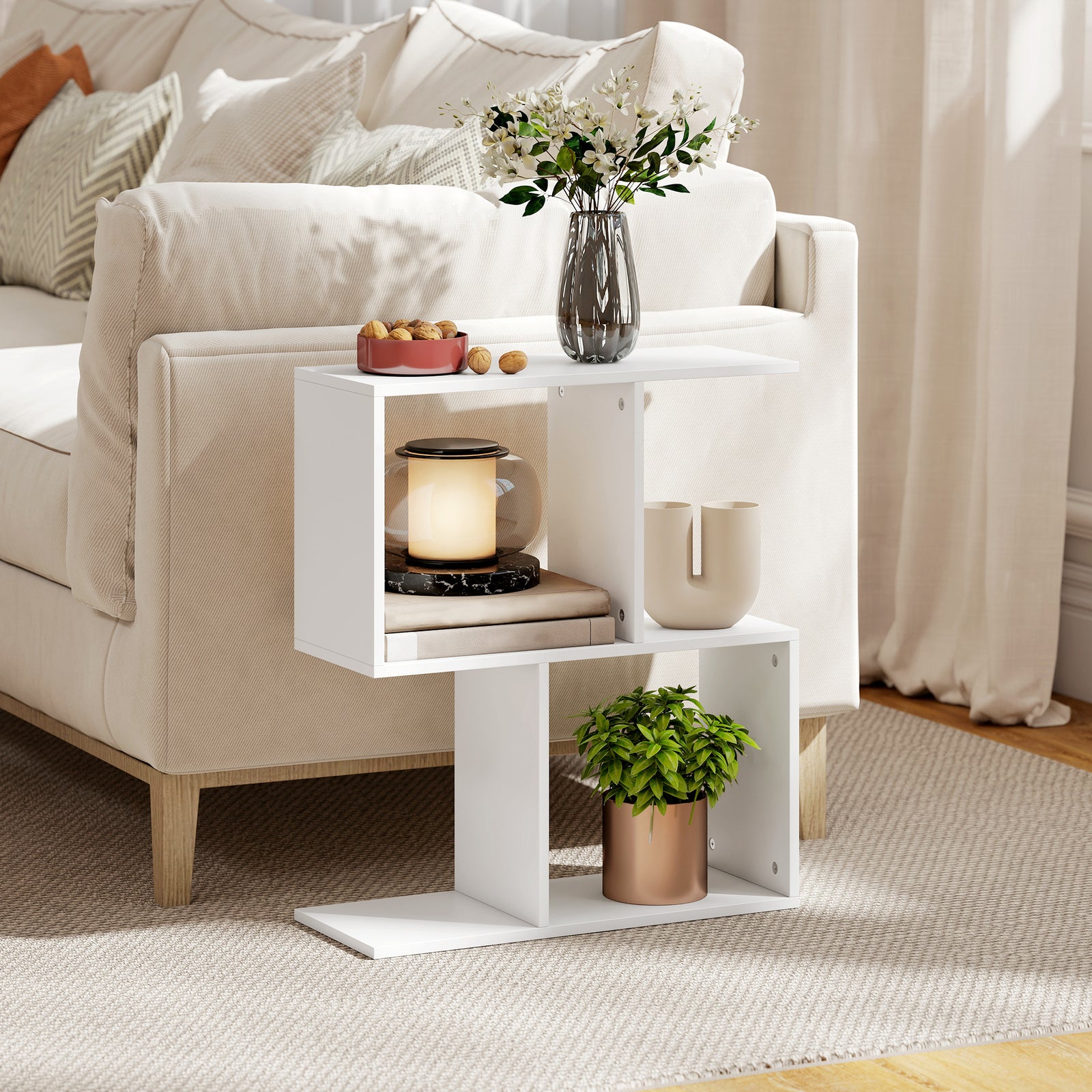 Side Table, Narrow End Table With Storage Shelves | White