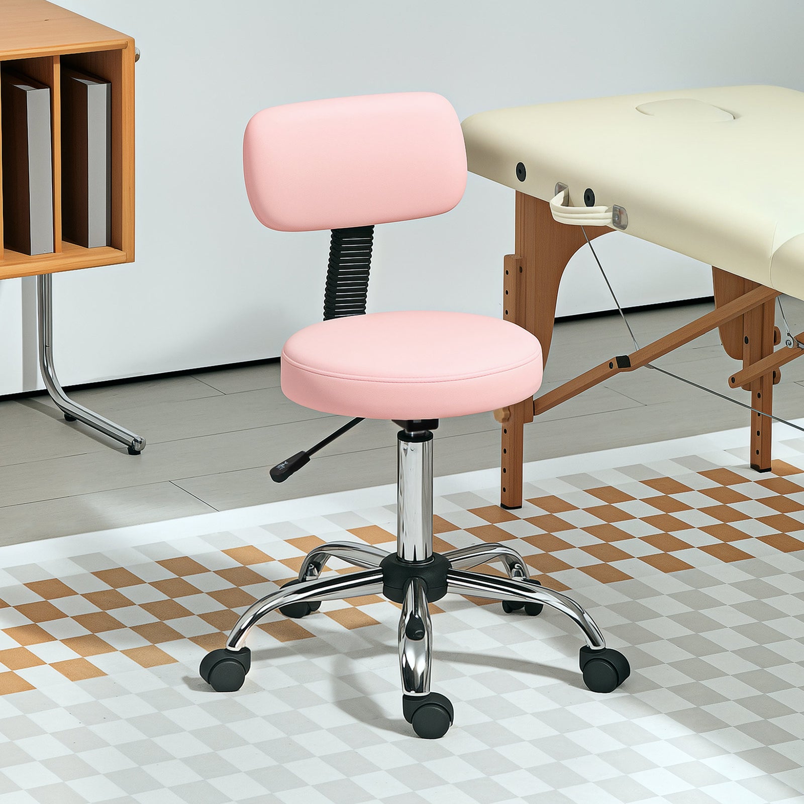 Rolling Stool With Backrest, Wheels Faux Leather Salon Chair | Pink